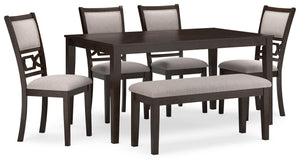 Canâ€™t decide between classic and contemporary? Embrace the beauty of transitional style with this casually sophisticated dining table, chairs and bench ensemble. Its clean-lined profile is enriched with a traditional cherry finish that merges with contr