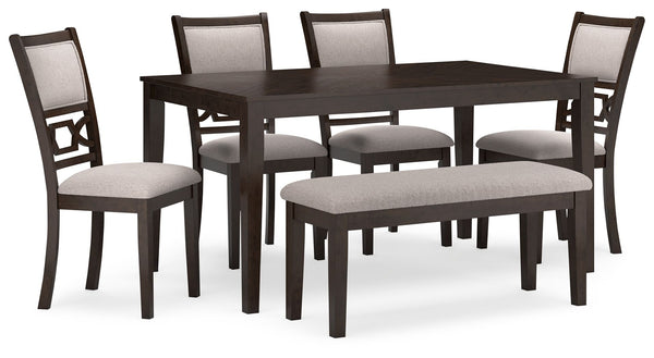 Canâ€™t decide between classic and contemporary? Embrace the beauty of transitional style with this casually sophisticated dining table, chairs and bench ensemble. Its clean-lined profile is enriched with a traditional cherry finish that merges with contr