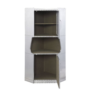  the Brancaster corner cabinet makes a one-of-a-kind statement. The aluminum frame with one open compartment complements the aluminum panels on the two doors. Perfect for smaller spaces