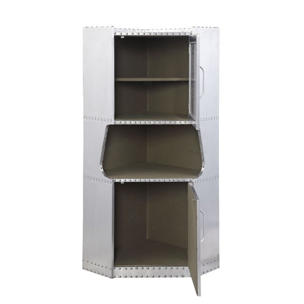  the Brancaster corner cabinet makes a one-of-a-kind statement. The aluminum frame with one open compartment complements the aluminum panels on the two doors. Perfect for smaller spaces