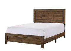 This bedroom set offers a minimalist design with a nod to rustic aesthetics, perfect for creating a serene and uncluttered space. The straightforward lines of the bed frame, combined with the rich wood finish, exude a sense of calm and earthiness. The acc