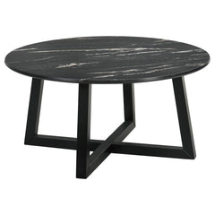 The coffee table stands as a centerpiece, its round form a canvas for the rich, decorative black faux marble that offers the beauty of natural stone with none of its fragility. The high-pressure laminate surface is a triumph of design, melding high durabi