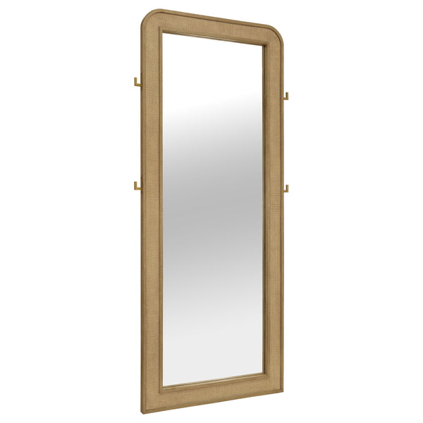 Elevate your bedroom or dressing area with this elegant full-length mirror, designed to bring both style and functionality to your space. The mirror features a sleek, rounded-edge frame finished in a sophisticated, textured material that adds a touch of w