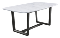 Bold, straight-lined metal work paired with a cool textured marble top creates this stunning modern minimalist work. The dining table is founded atop a metal trestle base shown in weathered gray finish. White rectangular marble top features beautiful and 