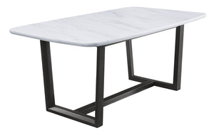 Bold, straight-lined metal work paired with a cool textured marble top creates this stunning modern minimalist work. The dining table is founded atop a metal trestle base shown in weathered gray finish. White rectangular marble top features beautiful and 