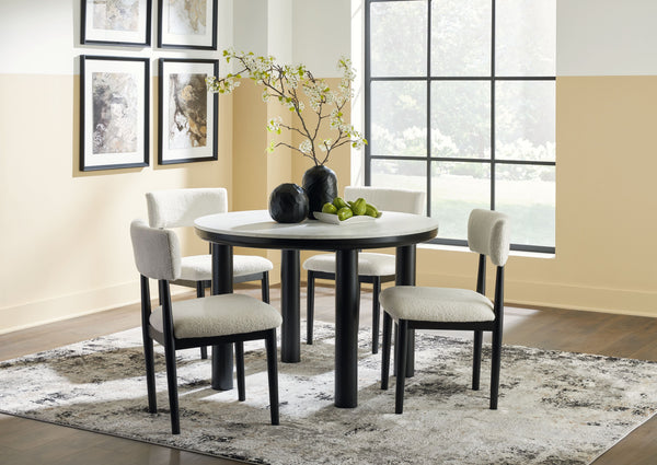 Clean lines meet cool curves with this dining set. Chunky round post legs and a black finish lend a modern vibe, while chairs with softly textured upholstery tempt you to sit and stay awhile. What a delicious choice for a dining room update. <h4><b>Xandru
