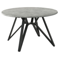 Elevate your modern industrial dining area with this retro-inspired round dining table. Designed with a high pressure laminate table top with a concrete-looking decoration paper, this dining table offers a raw, organic texture to the space. The spacious, 