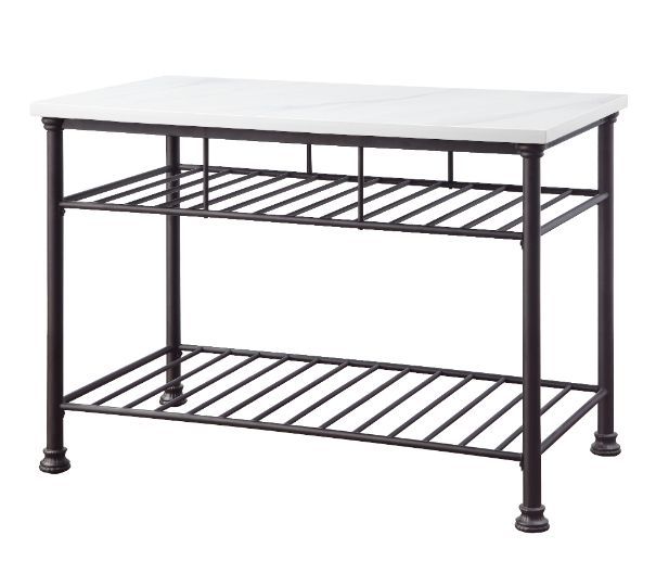 Minimalistic design paired with clean, simple color. The Freyja Kitchen Island gives off a light and airy feel to a compact cooking space. Clean-lined metal frame is topped with a artificial stone top, creating a sleek, modern silhouette that gives your k