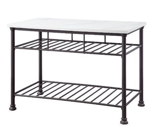 Minimalistic design paired with clean, simple color. The Freyja Kitchen Island gives off a light and airy feel to a compact cooking space. Clean-lined metal frame is topped with a artificial stone top, creating a sleek, modern silhouette that gives your k