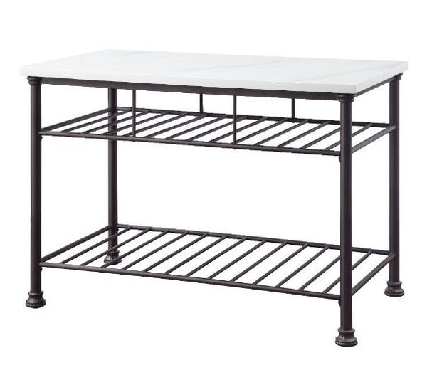 Minimalistic design paired with clean, simple color. The Freyja Kitchen Island gives off a light and airy feel to a compact cooking space. Clean-lined metal frame is topped with a artificial stone top, creating a sleek, modern silhouette that gives your k