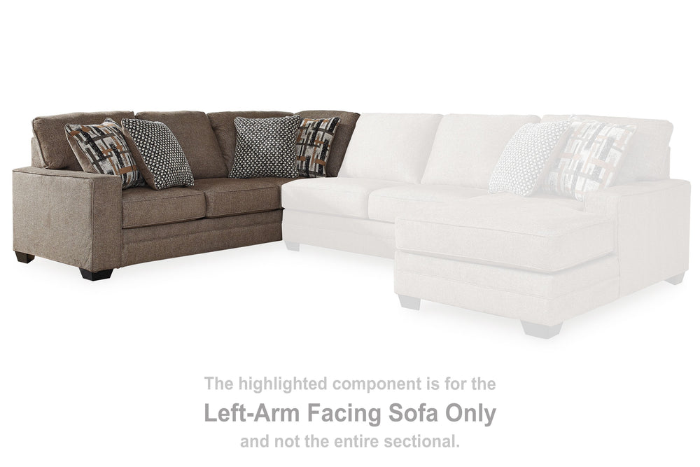 This left-arm facing sofa is made with polyester upholstery. Pairs with other items in the series to make a sectional.<br><br><b>Additional Dimensions</b><br><ul><li>Arm height: 25-"</li><li>Seat depth: 23-"</li><li>Seat height: 21-"</li><li>Top of cushio
