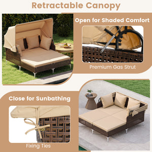 Provide a light  airy look and feel with open-weave PE rattan<br>The premium rattan also ensures fade-resistant and sun-protective durability<br>Open the canopy for shaded comfort with a premium gas strut<br>Close the canopy for sunbathing<br>Canopy secur