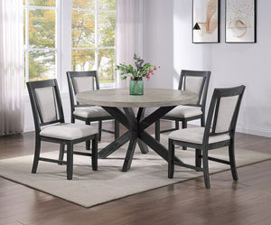 Bring contemporary elegance to your dining space with this beautifully designed dining group. The round table features a striking two-tone finish with a light woodgrain top and a bold, sculptural base, creating a perfect blend of modern sophistication and
