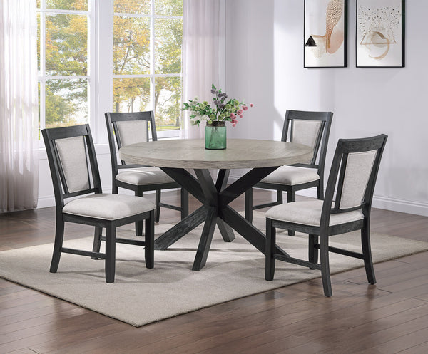 Bring contemporary elegance to your dining space with this beautifully designed dining group. The round table features a striking two-tone finish with a light woodgrain top and a bold, sculptural base, creating a perfect blend of modern sophistication and