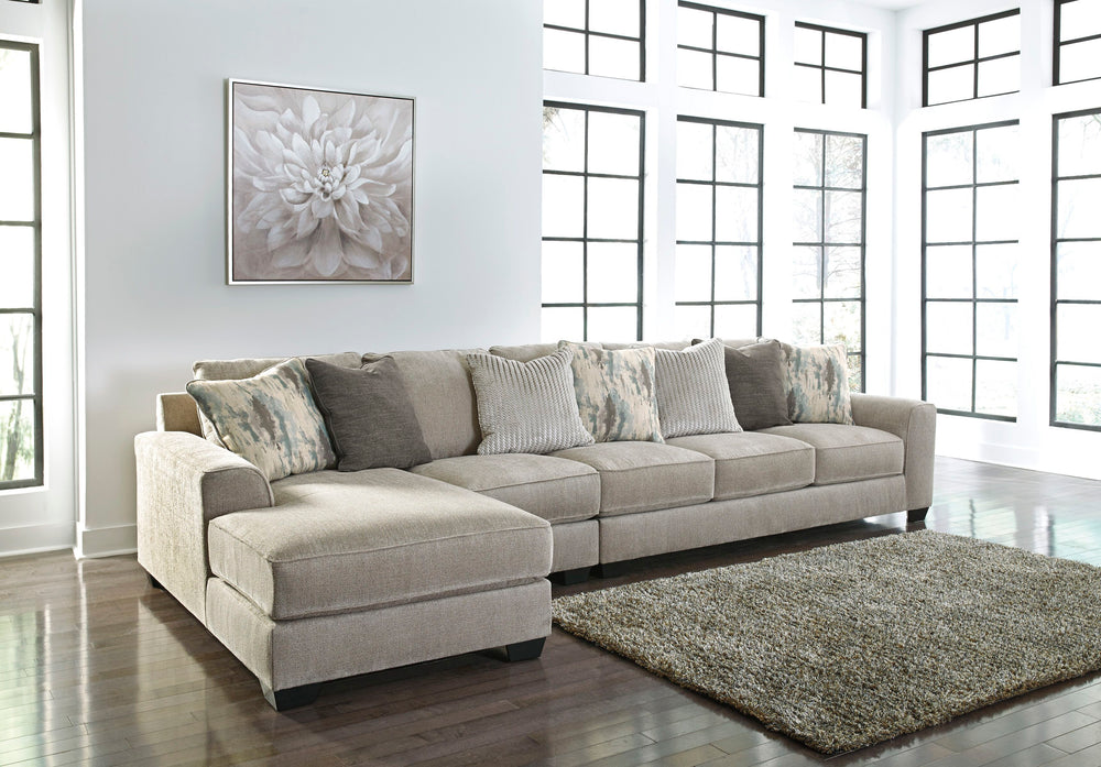 Plush and lovely, this large sectional delights with deep comfort. Itâ€™s casually styled with big, roomy seats and modern textured chenille upholstery. Youâ€™ll find comfort in its soft back and reversible seat cushions. Guests are sure to fight over who