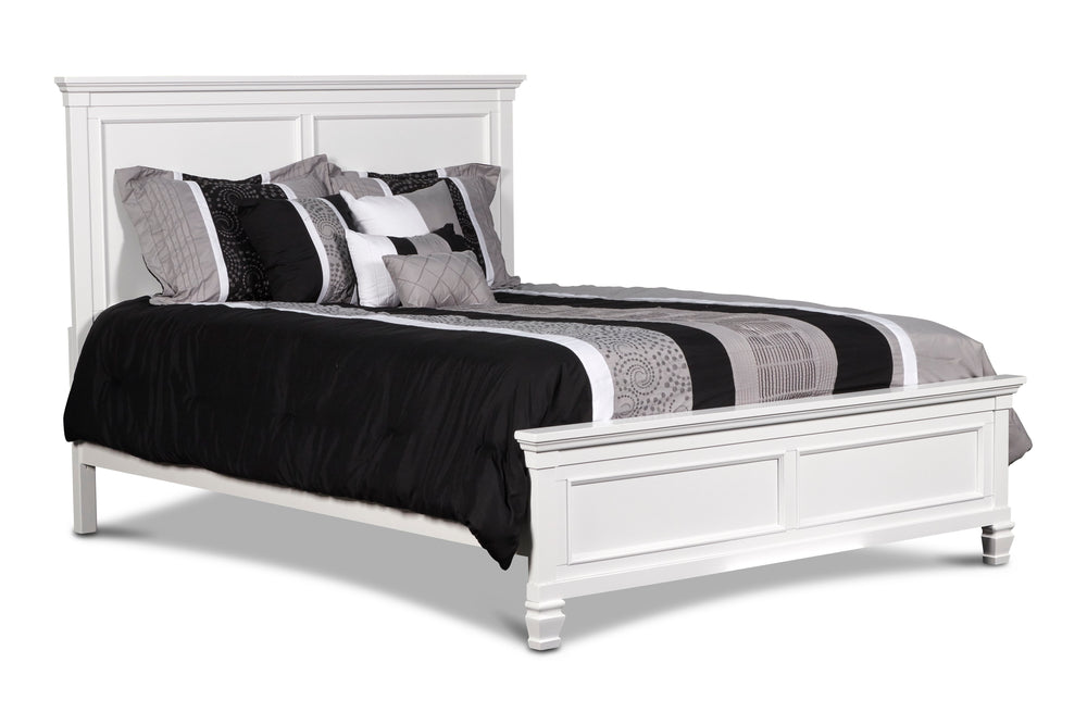 The Tamarack Wood Panel Bed in white is a true standout, showcasing durable construction with a blend of solid poplar, basswood veneers, and eco-friendly manufactured wood for unmatched strength and longevity. This bed-'-'s versatile transitional style ma