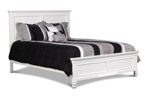 The Tamarack Wood Panel Bed in white is a true standout, showcasing durable construction with a blend of solid poplar, basswood veneers, and eco-friendly manufactured wood for unmatched strength and longevity. This bed-'-'s versatile transitional style ma