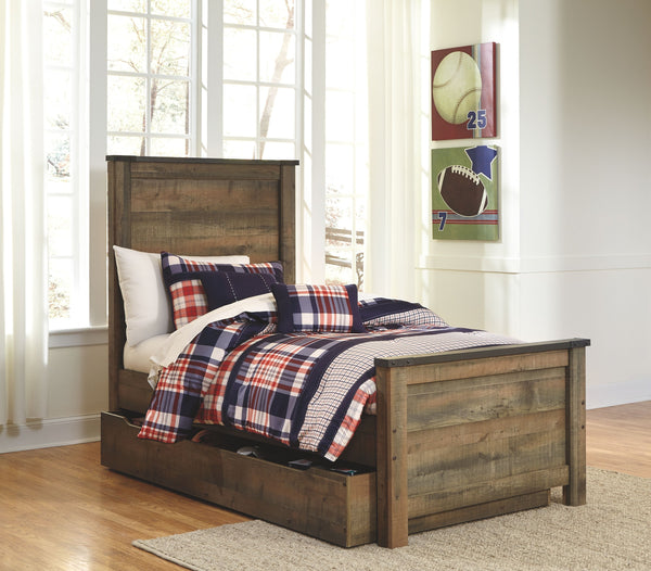 If you love country living, this twin panel bed with storage matches your authenticity. Rustic finish, plank-style details and nailhead trim pay homage to reclaimed barn wood, making for a chic look loaded with charm. Under bed storage unit includes two d