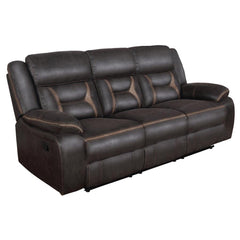 A motion sofa with a drop down center will serve you well in your entertainment space. Leatherette upholstery is enhanced with stitching details that make an impact in the craftsmanship. Pocket coil cushioning keeps you comfortable and cozy for hours of e