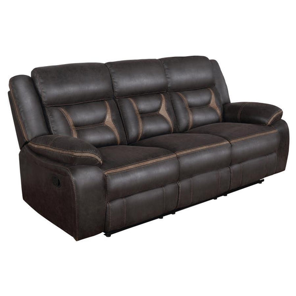 A motion sofa with a drop down center will serve you well in your entertainment space. Leatherette upholstery is enhanced with stitching details that make an impact in the craftsmanship. Pocket coil cushioning keeps you comfortable and cozy for hours of e
