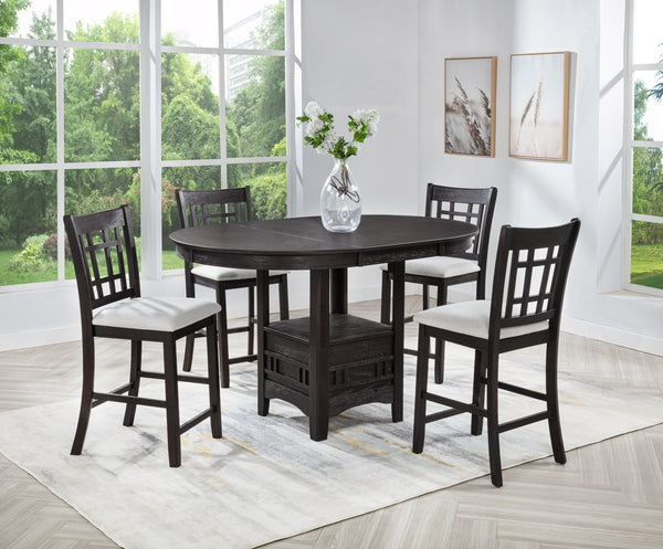 Upgrade your dining space with this sophisticated counter-height dining set, designed to combine modern elegance with everyday functionality. The sleek, round table features a removeable leaf and a open shelf base, offering both style and convenience. Per