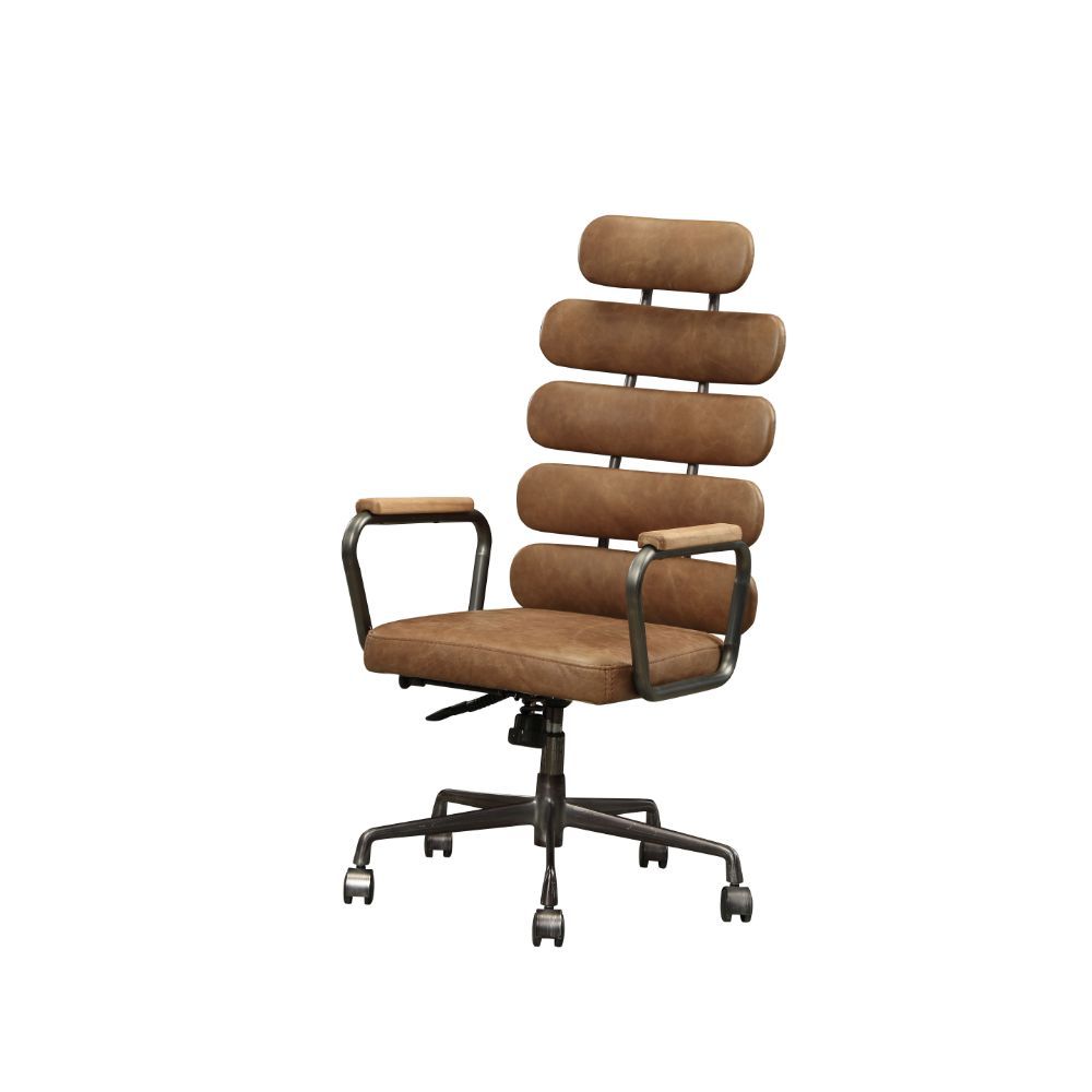 KD, Executive Arm Office Chair (High Back) â€¢ Seat: Swivel (360 Degrees), Adjustable Height (Pneumatic Lift) â€¢ Padded Back & Seat: Top Grain Leather Cushion, Backrest: 5 Horizontal Panels â€¢ 5-Star Base w/Casters: Metal Base â€¢ Armrest: Wood with Met
