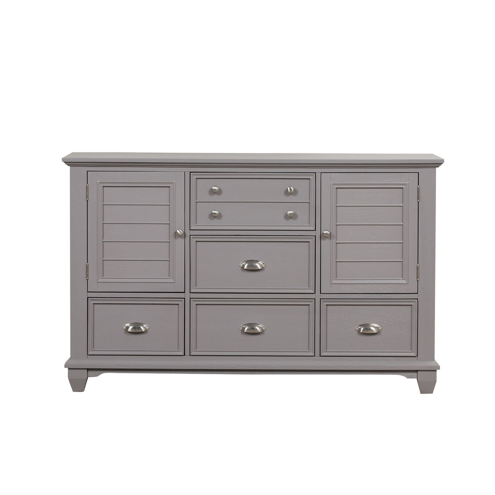 The Jamestown Wood Dresser in Gray is a beautifully crafted piece that combines durability, style, and functionality, making it a perfect addition to any bedroom. This dresser is expertly constructed from solid Acacia, premium manufactured woods, and auth