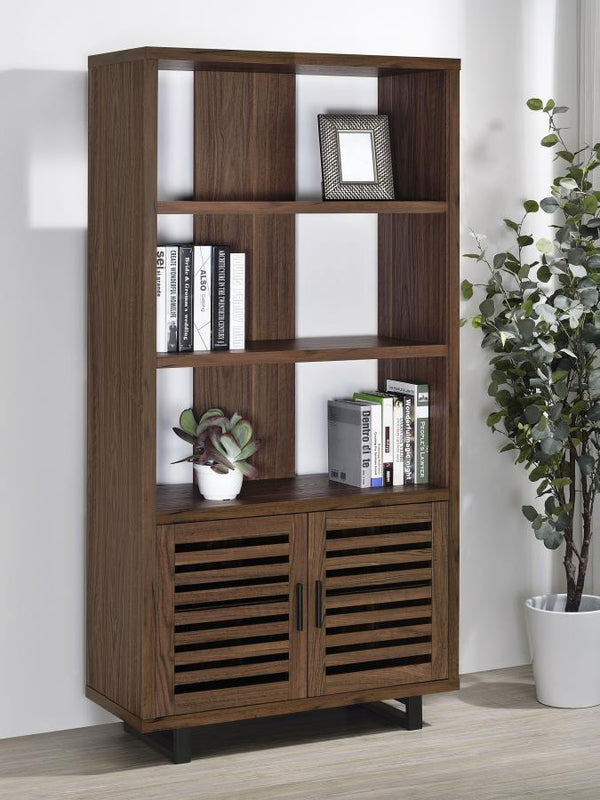  decorated with slatted doors that open to reveal shelving for easy storage. Upper shelves are open