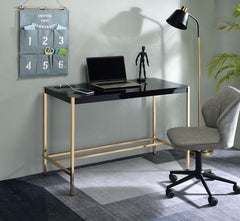 Rectangular Writing Desk No Storage Wooden Top: Black Finish Metal Base: Gold Finish (Open Base)<br/><br/><b>Product Features</b><ul><li>Rectangular Writing Desk</li><li>No Storage</li><li>Wooden Top: Black Finish</li><li>Metal Base: Gold Finish (Open Bas