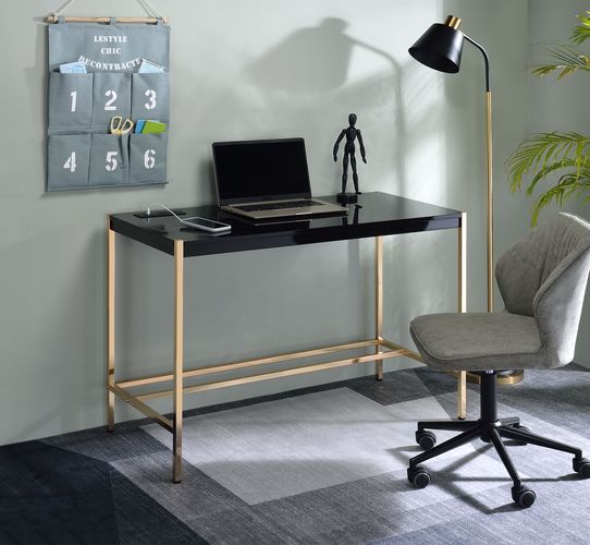 Rectangular Writing Desk No Storage Wooden Top: Black Finish Metal Base: Gold Finish (Open Base)<br/><br/><b>Product Features</b><ul><li>Rectangular Writing Desk</li><li>No Storage</li><li>Wooden Top: Black Finish</li><li>Metal Base: Gold Finish (Open Bas