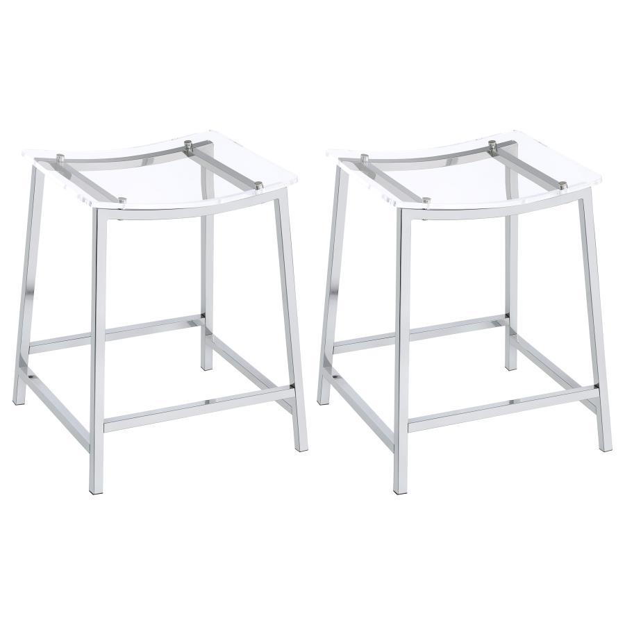 Pull up a stool and enjoy a casual modern entertaining experience from the privacy of your home. This set of two counter-height stools reflects ultra-contemporary design standards using crisp modern materials. Gleaming chrome finish metal framing includes