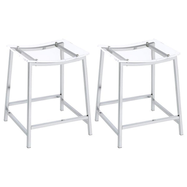 Pull up a stool and enjoy a casual modern entertaining experience from the privacy of your home. This set of two counter-height stools reflects ultra-contemporary design standards using crisp modern materials. Gleaming chrome finish metal framing includes