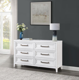  it features a double profile with three drawers on each side. A white finish allows wood grain details to show through