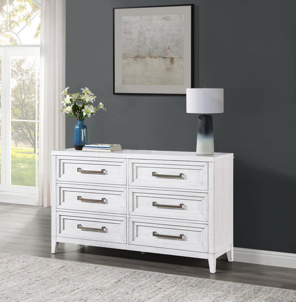  it features a double profile with three drawers on each side. A white finish allows wood grain details to show through