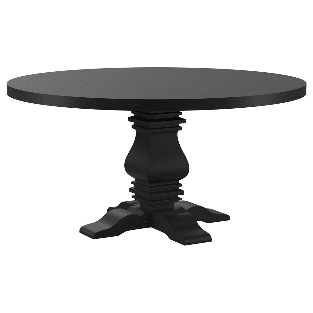 Inspired by 18th and 19th-century European design, this French country-style dining table blends timeless elegance with rustic charm. Crafted from solid pine, it features a round top with an intricate inlaid veneer pattern that enhances its refined charac