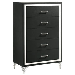 Inspired vintage touches create a refined sensibility for a modern five-drawer chest. Its tall, compact profile is ideal for a dressing area, offering plenty of storage with five roomy drawers that host everything from clothing and accessories to linens a