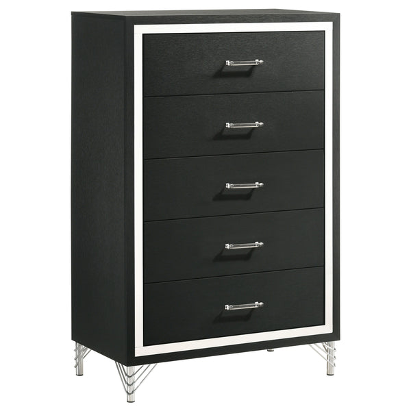Inspired vintage touches create a refined sensibility for a modern five-drawer chest. Its tall, compact profile is ideal for a dressing area, offering plenty of storage with five roomy drawers that host everything from clothing and accessories to linens a