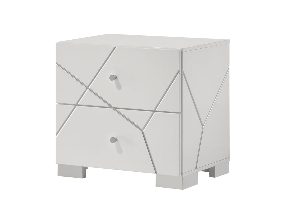 Transform your bedroom into a contemporary sanctuary with this sophisticated and stylish furniture ensemble. Defined by its bold geometric accents and pristine high-gloss white finish, this collection exudes modern elegance while maintaining a clean, mini
