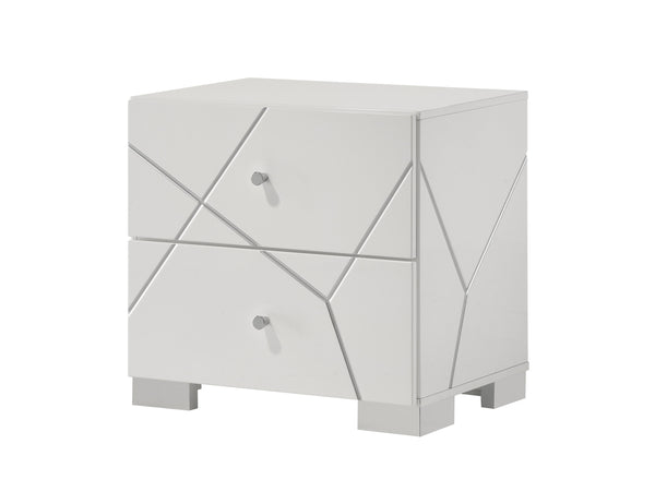 Transform your bedroom into a contemporary sanctuary with this sophisticated and stylish furniture ensemble. Defined by its bold geometric accents and pristine high-gloss white finish, this collection exudes modern elegance while maintaining a clean, mini
