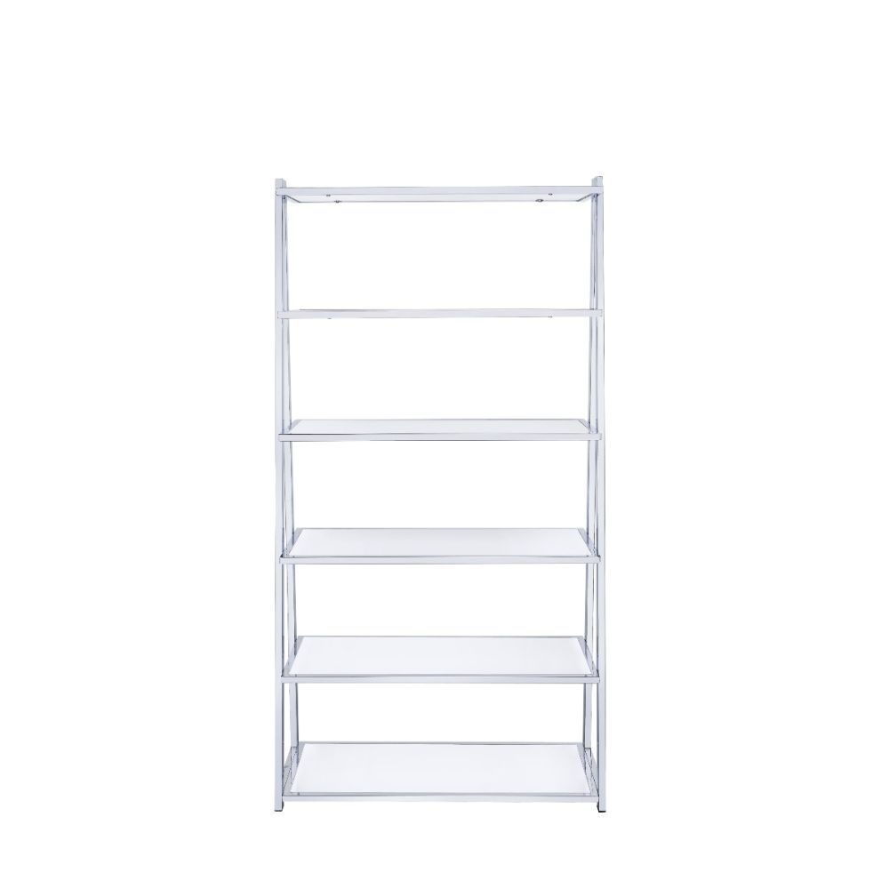 Coleen 6-Tier leaning bookcase is attractive and free standing and can be used as a bookshelf or display shelf. There are 6 total wooden shelves of differing sizes with an open back panel and a metal frame with a chrome finish. This bookshelf is the perfe