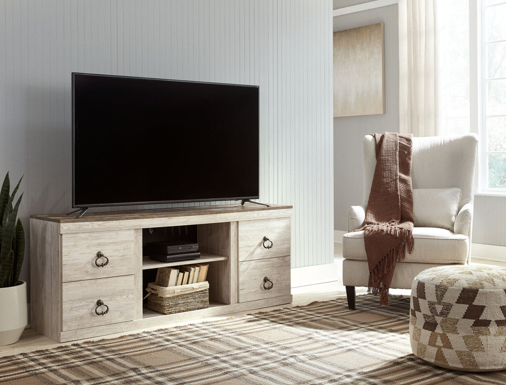 This TV stand is the ultimate statement piece for your coastal cottage or shabby chic inspired retreat. Whitewash finish is wonderfully easy on the eyes. Paired with the TV standâ€™s unique plank-style top, itâ€™s a driftwoody look that has our minds drif