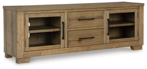 This TV stand expertly refines the raw beauty of wood, bringing a rustic vibe to urban contemporary design. It creates an organically beautiful feel in your living roomâ€”natural details on the wood are unique to each piece. Console and media storage is m