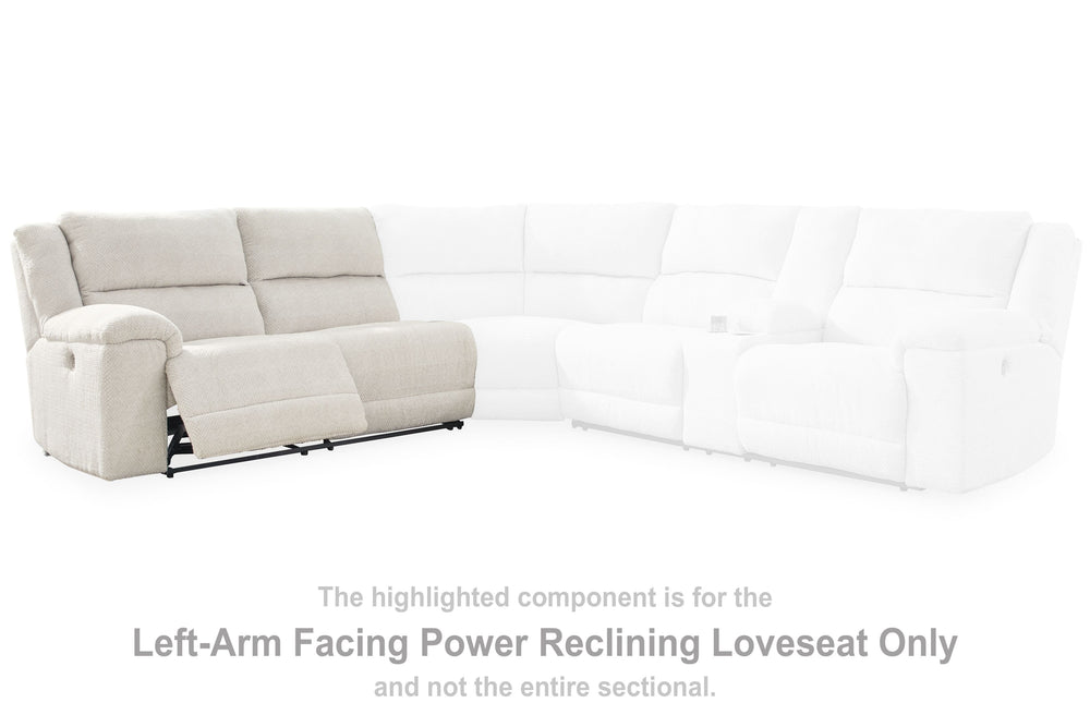 This left-arm facing power reclining loveseat is made with polyester upholstery. Pairs with other items in the series to make a sectional.<br><br><b>Additional Dimensions</b><br><ul><li>Arm height: 26-"</li><li>Seat depth: 22-"</li><li>Seat height: 21-"</