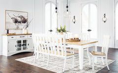 Modern farmhouse design. Made with Oak veneer, hardwood solids, MDF substrates, and engineered wood. Stylish two-tone finish featuring butcher block oak veneer tops and classic white cases. Buffet features 3 spacious storage cabinets and upper drawers wit