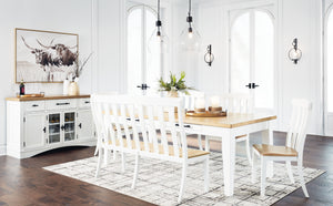Modern farmhouse design. Made with Oak veneer, hardwood solids, MDF substrates, and engineered wood. Stylish two-tone finish featuring butcher block oak veneer tops and classic white cases. Buffet features 3 spacious storage cabinets and upper drawers wit