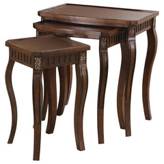 This three-piece nesting table set showcases an elegant design with beautiful detailing on the legs. The warm brown finish adds to its rich, traditional style, making it perfect for any living room space. The tables are crafted from durable engineered woo