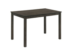 This dining group is a perfect fusion of minimalist design and everyday practicality. The sleek, rectangular table boasts a smooth, dark wood finish that adds a touch of sophistication to any dining space. Complemented by four comfortable upholstered chai