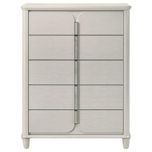  where light gray boucle meets a pearl white finish for an exquisite blend of sophistication and serenity. The clean lines and contemporary design create a harmonious balance