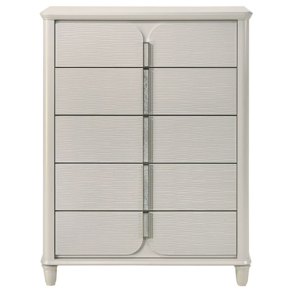  where light gray boucle meets a pearl white finish for an exquisite blend of sophistication and serenity. The clean lines and contemporary design create a harmonious balance