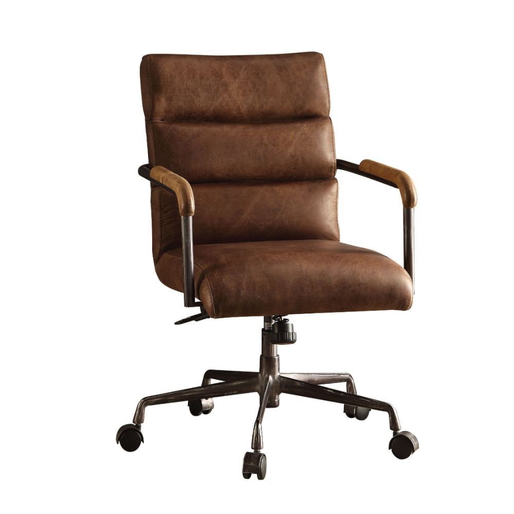 The Harith office chair brings comfort and style to any work space. Handsome, channel-seamed retro top grain leather upholstery is complemented by a metal base with casters and metal frame armrests. It-'s Industrial design promise comfort and function as 